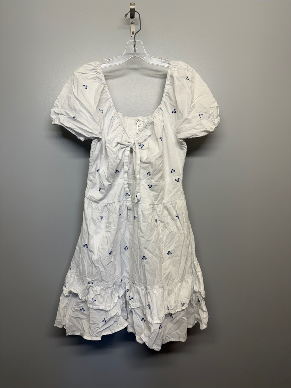 Japna White Mini Dress with Blue Embroidery Flare Layered Skirt